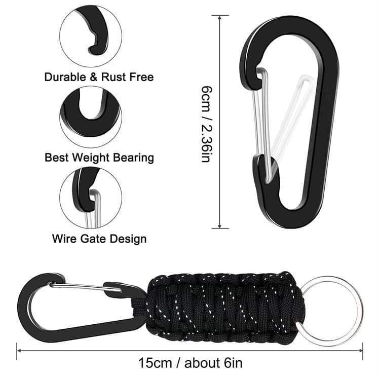 Dimensions of PK03 paracord keychain showing a 6cm wire-gate carabiner and 15cm overall length made from bulk paracord.