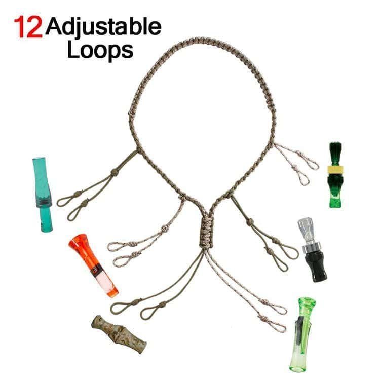 PL04 hunting call necklace with 12 adjustable loops holding various duck and goose calls, directly from a paracord lanyard manufacturer.