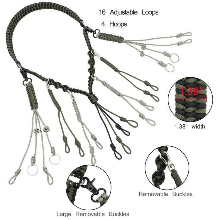 PL07 duck call lanyard specs featuring 1.38 inch width, 23.6 inch length, 16 loops, and 4 hoops for paracord lanyard bulk order
