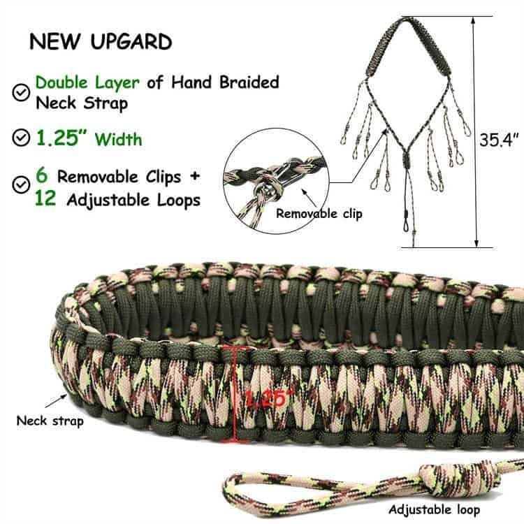 Dimension and spec diagram of the PL08 paracord lanyard showing 35.4-inch length and 1.25-inch double-layer hand-braided neck strap from a top paracord lanyard manufacturer.