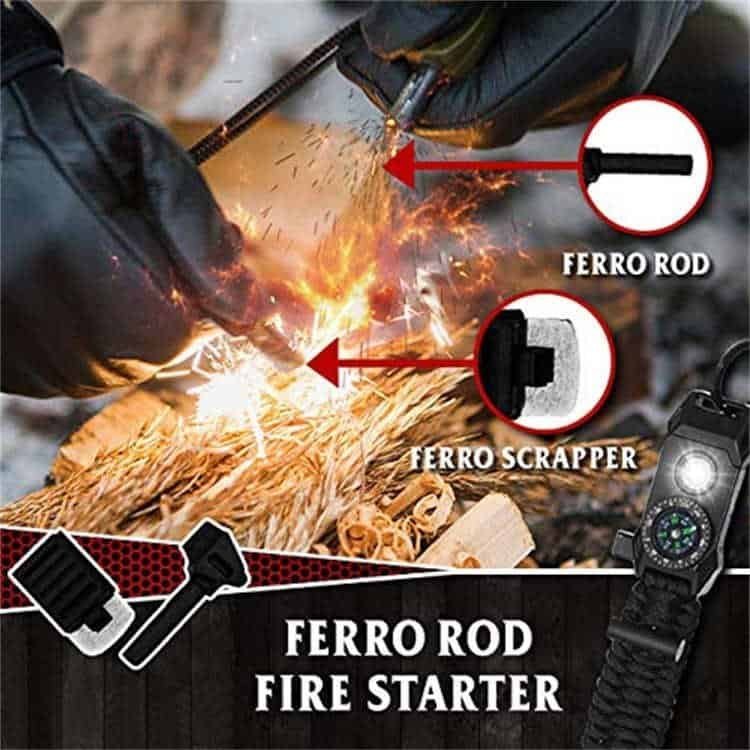 Striking high-heat 3000°C sparks using the PK02 ferro rod scraper and tactical paracord supplies in the wilderness.