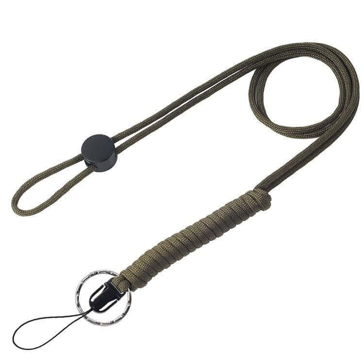 Close-up of 550 paracord lanyard bulk weave with durable metal split rings and quick-release loops.