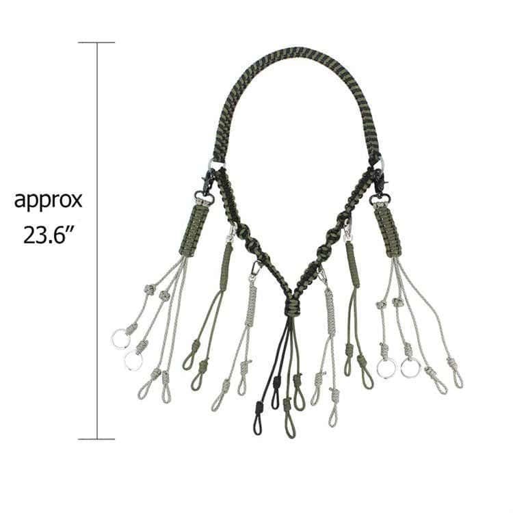 Close-up of PL07 paracord lanyard bulk showing removable functional clips and adjustable loops for game calls