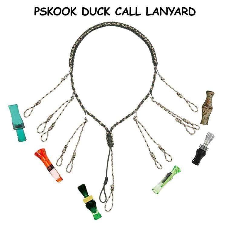 Wholesale paracord lanyard for duck hunting displayed with multiple waterfowl calls attached to its 12 adjustable loops.