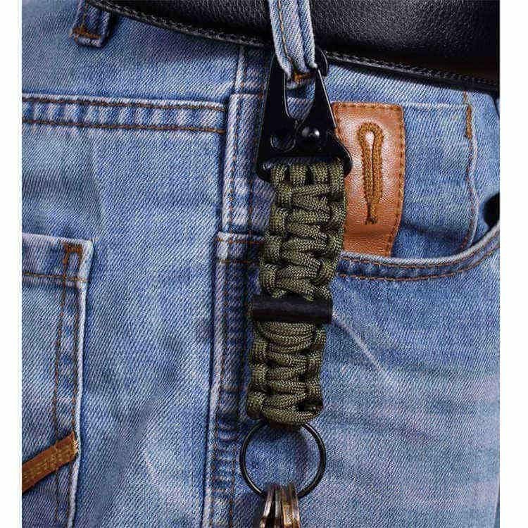 PK05 tactical paracord keychain clipped to belt loop with keys attached, produced by professional paracord manufacturer