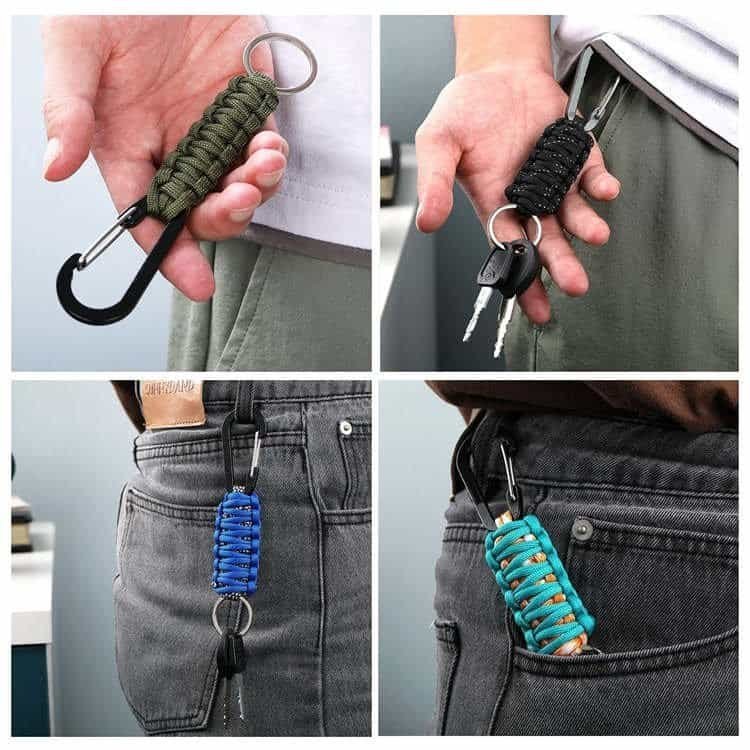 Everyday carry paracord keychains attached to keys and belt loops supplied by an OEM paracord manufacturer.