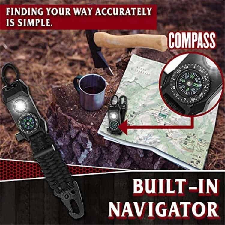 Outdoor navigation using the built-in compass on the PK02 multi-tool emergency paracord supplies keychain.