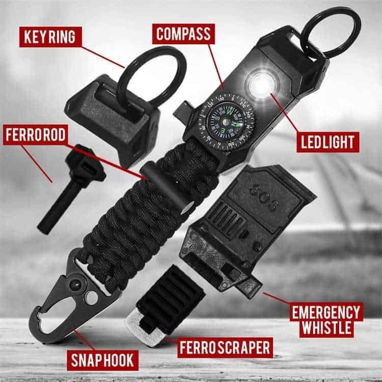 Detailed components of the PK02 survival keychain with 550 paracord supplies, whistle, and fire starter tools.