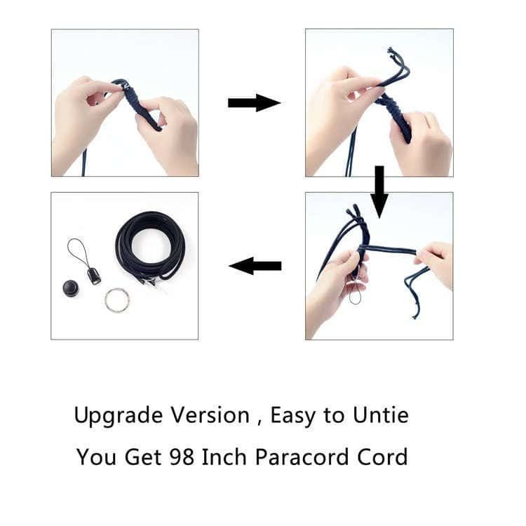 Step-by-step guide showing how paracord lanyard bulk unravels to yield 98 inches of emergency survival cord.
