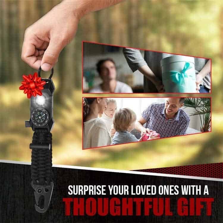 PK02 survival paracord supplies keychain presented as a compact outdoor emergency gift set.