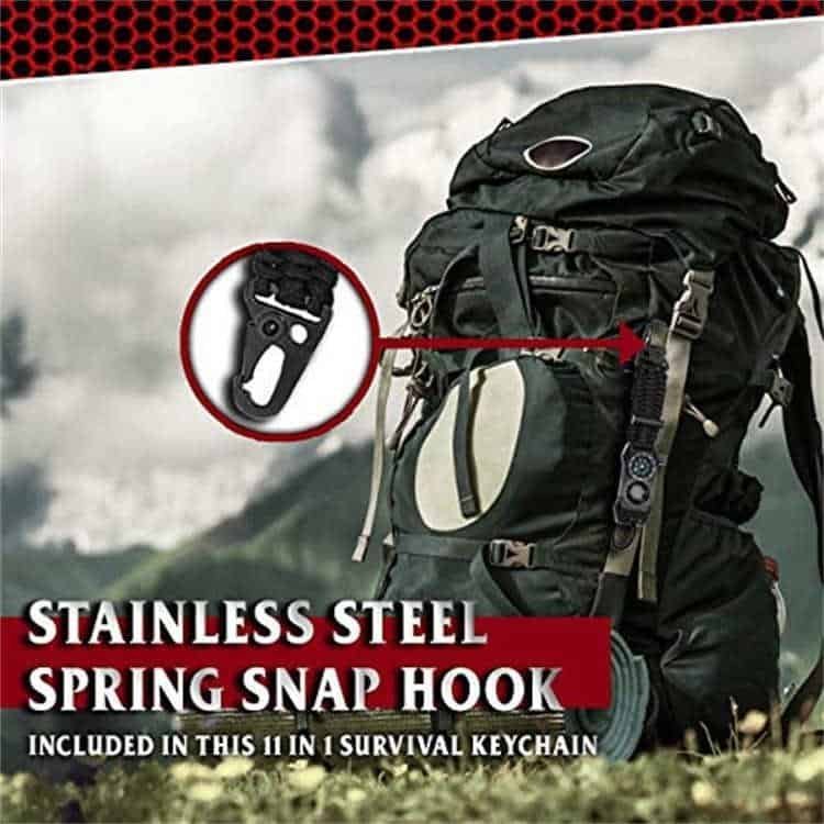 Stainless steel spring snap hook attached to a tactical backpack from a wholesale paracord gear provider.