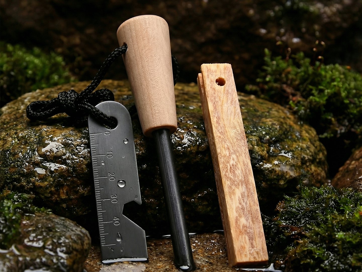 Close-up of wood handle ferro rod with ruler scraper on mossy rock and leaves