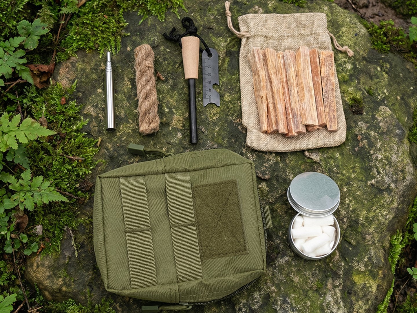 Fire starter kit with tinder cord, fatwood bag, MOLLE pouch, and cotton tin on moss