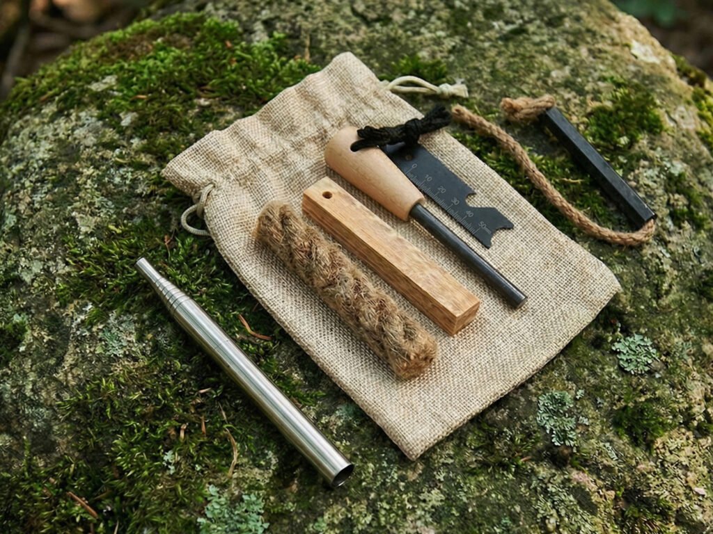 A fire-starting set with a wooden-handled ferro rod and striker, ferro rod supplier france.