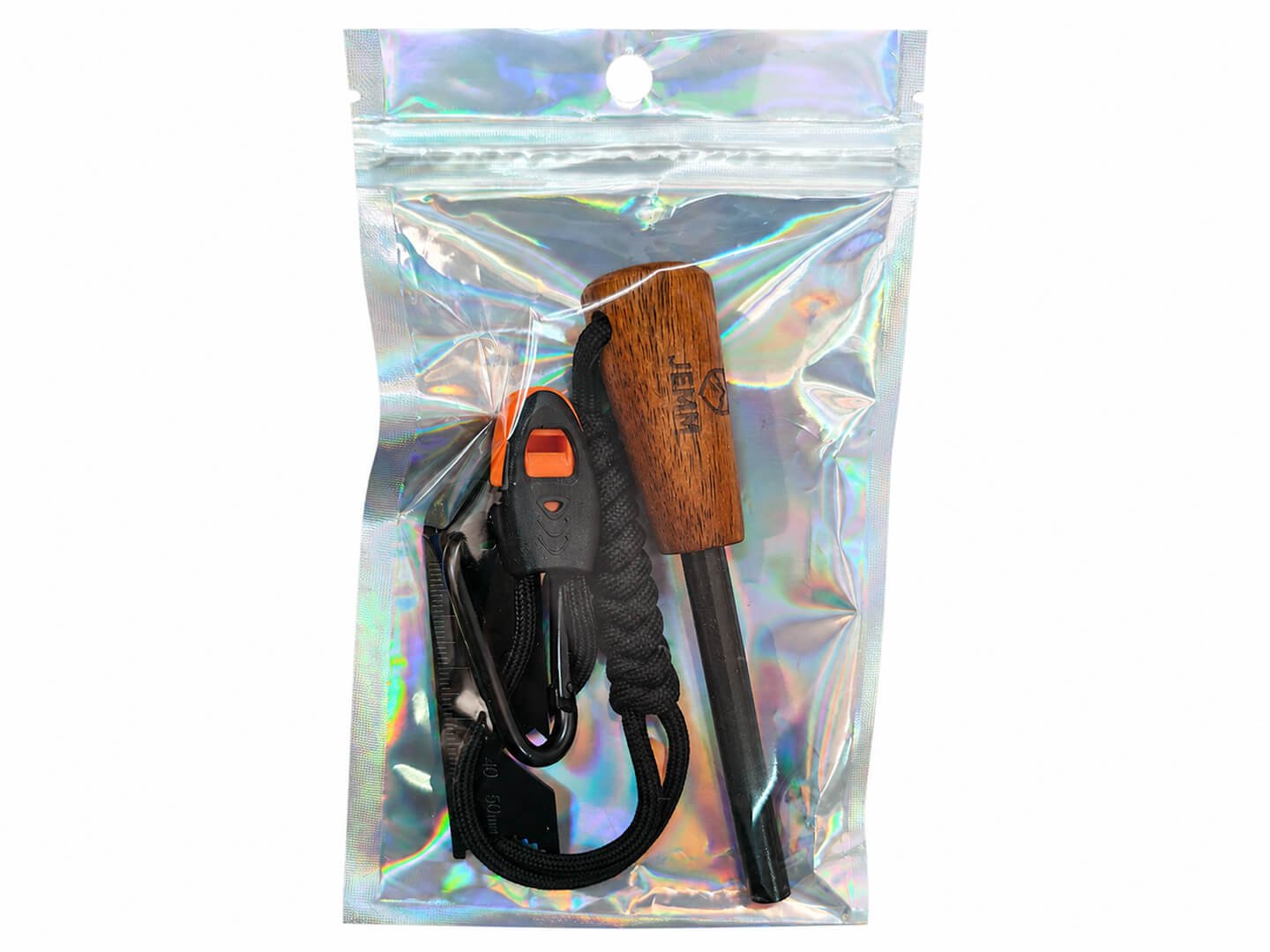 Ferro rod kit in a holographic zip pouch with whistle tool and carabiner