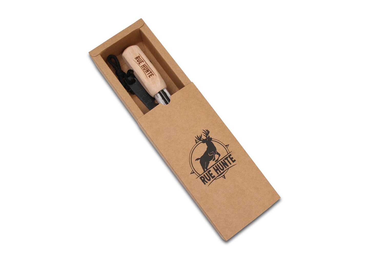 Wood handle ferro rod in a printed kraft box with custom brand logo