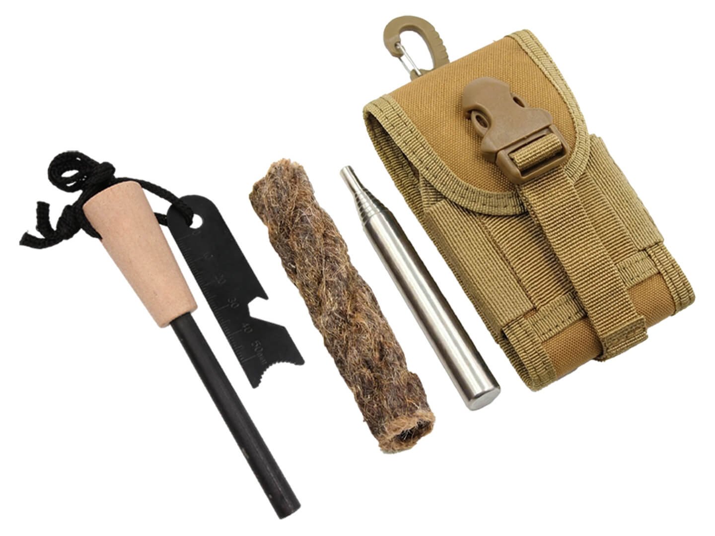 Ferro rod kit with jute cord, blowpipe, and tan MOLLE pouch packaging