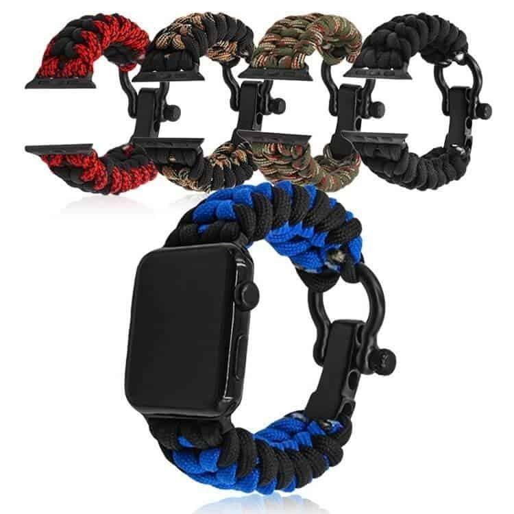 Hand-woven tactical smartwatch strap in various colors, ideal for paracord watch band supplies and wholesale buyers.