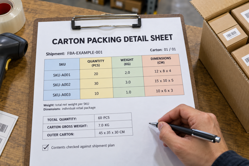 Carton packing detail sheet highlighting SKU, quantity, weight, and dimensions to verify shipment contents against amazon fba labeling requirements.