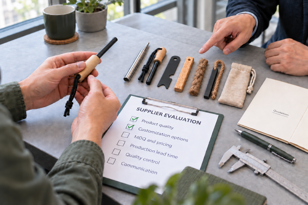 A buyer inspecting a fire starter kit laid out on a table and reviewing a checklist to compare Ferro Rod Supplier France options.