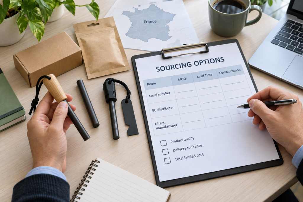 A buyer reviewing samples and comparing Ferro Rod Supplier France sourcing options by MOQ, lead time, customization, and delivery costs.