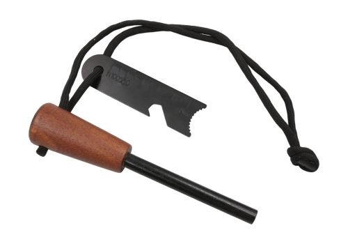Wood handle ferro rod with ruler scraper and fatwood block on white background